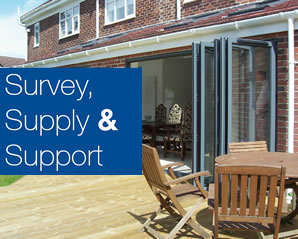 A bi-fold door with text survey supply and support