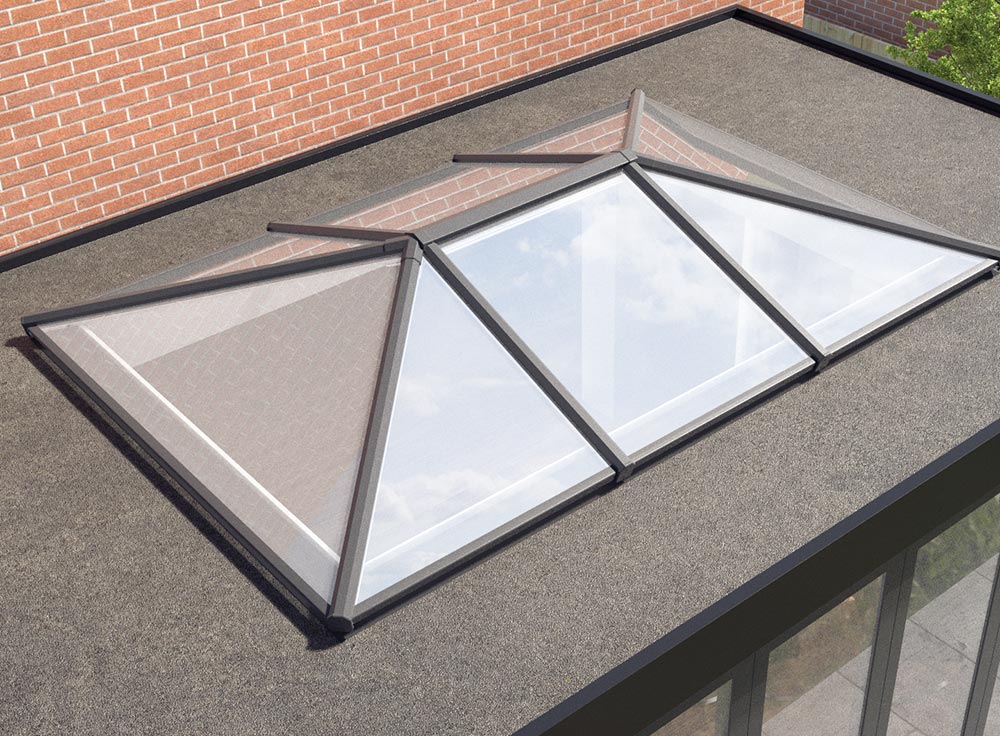 An exterior view of a 2 way aluminium lantern roof