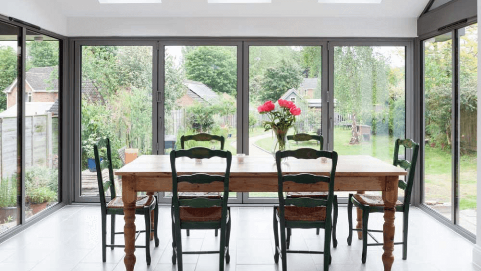 interior shot of conservatory using aluminium bifolds