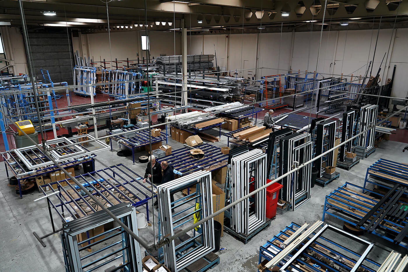 high angled interior shot of the factory showing the aluminium frames