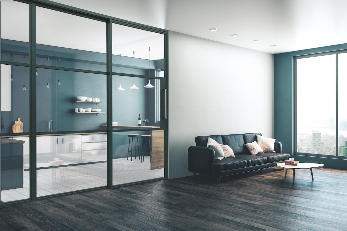 Interior shot of a home showing the AluSpace sliding door leading to the kitchen