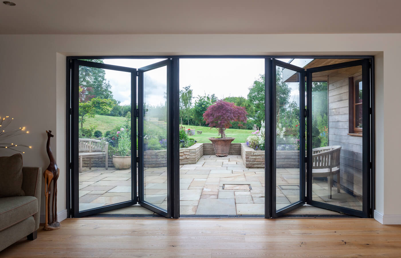 internal shot of black aluminium bi-fold patio doors